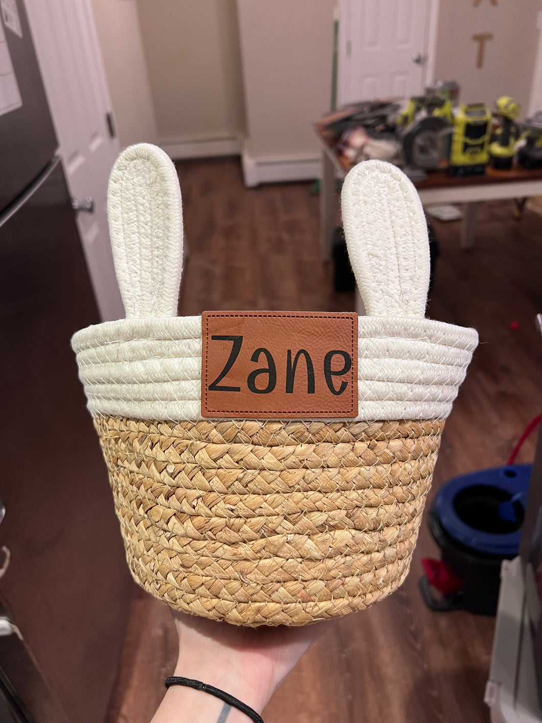 Easter basket with engraved leather patch